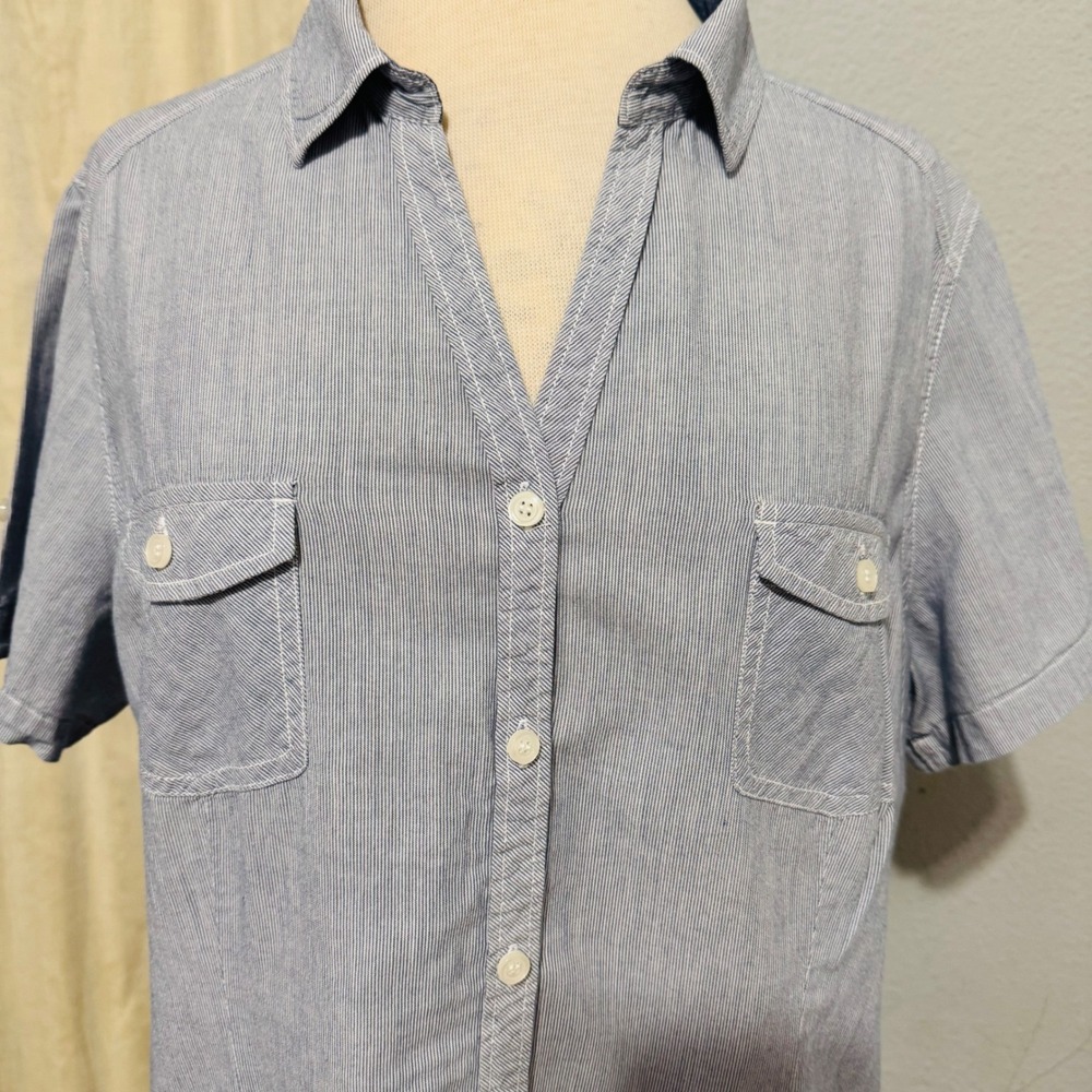 Faded‎ Glory Womens Blue Pinstripe 100% Cotton Short Sleeve Button Down Shirt XL - Picture 2 of 9